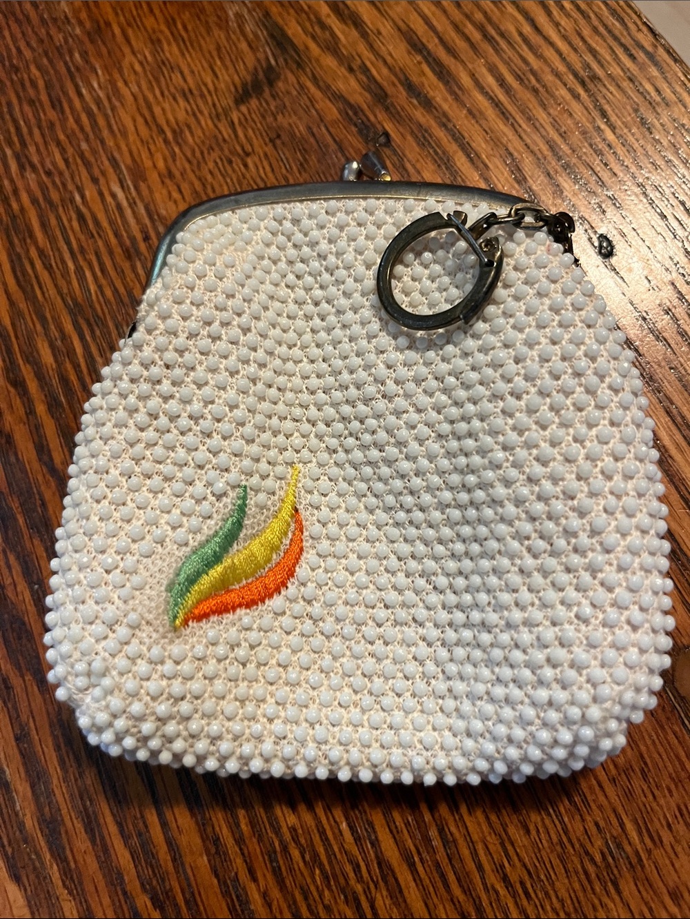 White Beaded Coin Purse with Multicolor Embroidered Accent